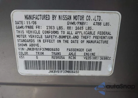 2007 Infiniti G35X from USA, damaged, VIN JNKBV61F37M806450